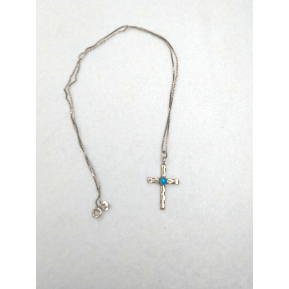 .925 Sterling Silver 20" Silver Cross Turquoise Stone Italy Vintage Necklace 4g